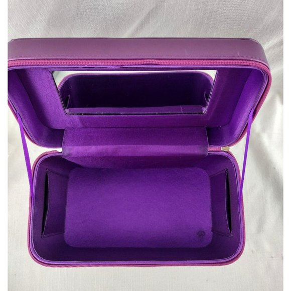 Purple Zipper Closure Makeup Cosmetics Beauty Product Travel Case Mirror Pockets - Picture 7 of 12